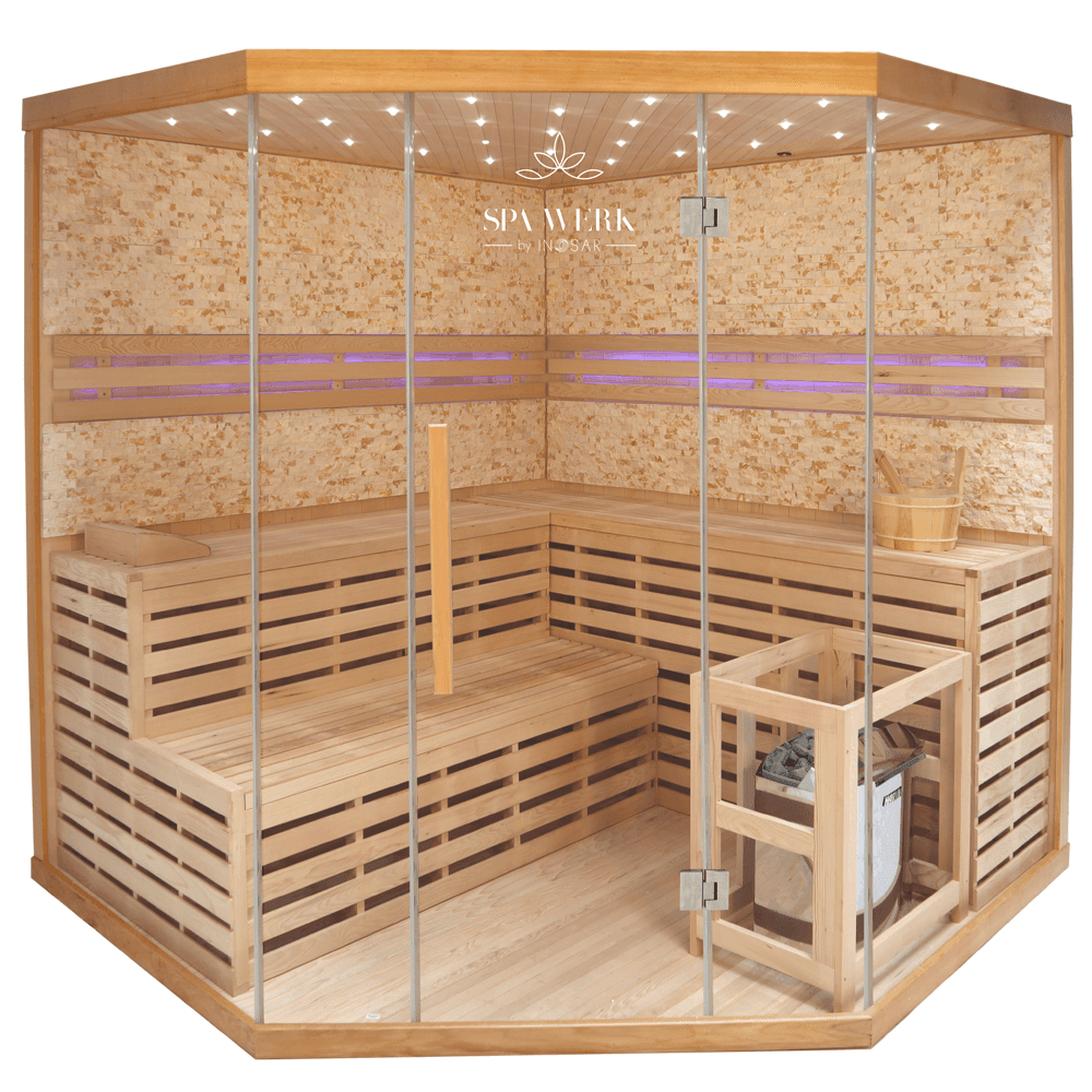 Traditionelle Sauna MILA XL DELUXE inkl. LED-Beleuchtung & Kunststeinwand