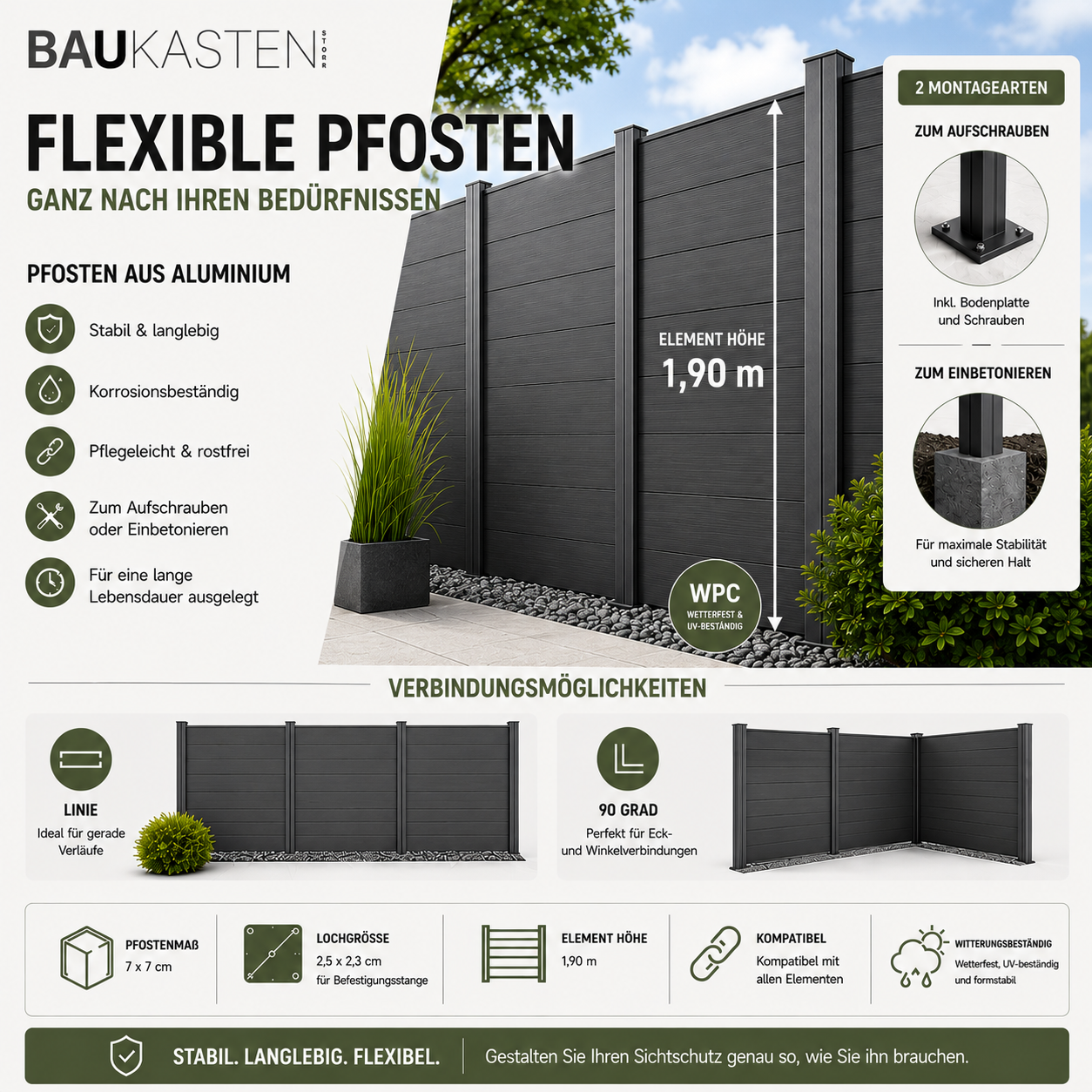 WPC Sichtschutzzaun KAPLAN Windschutz Aluminium Gartenzaun
