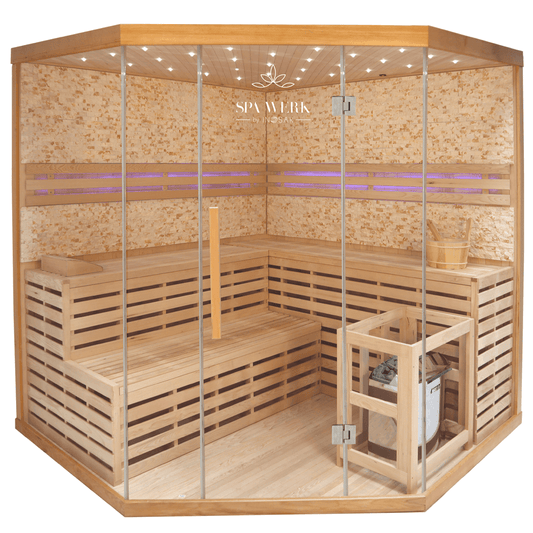Traditionelle Sauna MILA XL DELUXE inkl. LED-Beleuchtung & Kunststeinwand